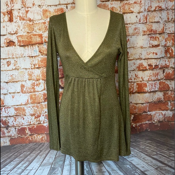 Michael Stars Long Sleeve V Neck Crossover Babydoll Shirt Metallic Lurex Small
